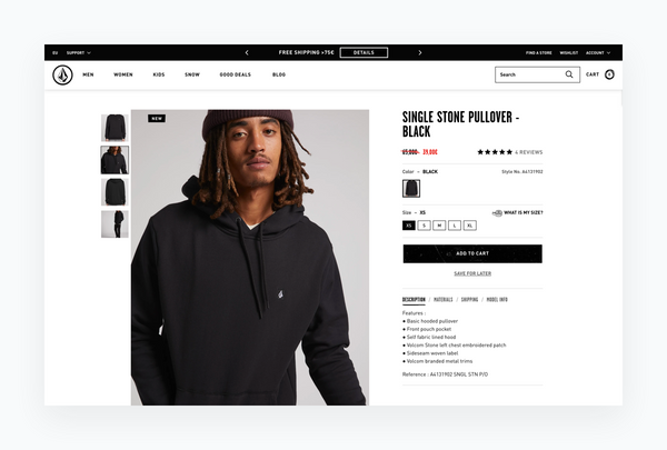 Image of a product sheet from the Volcom website